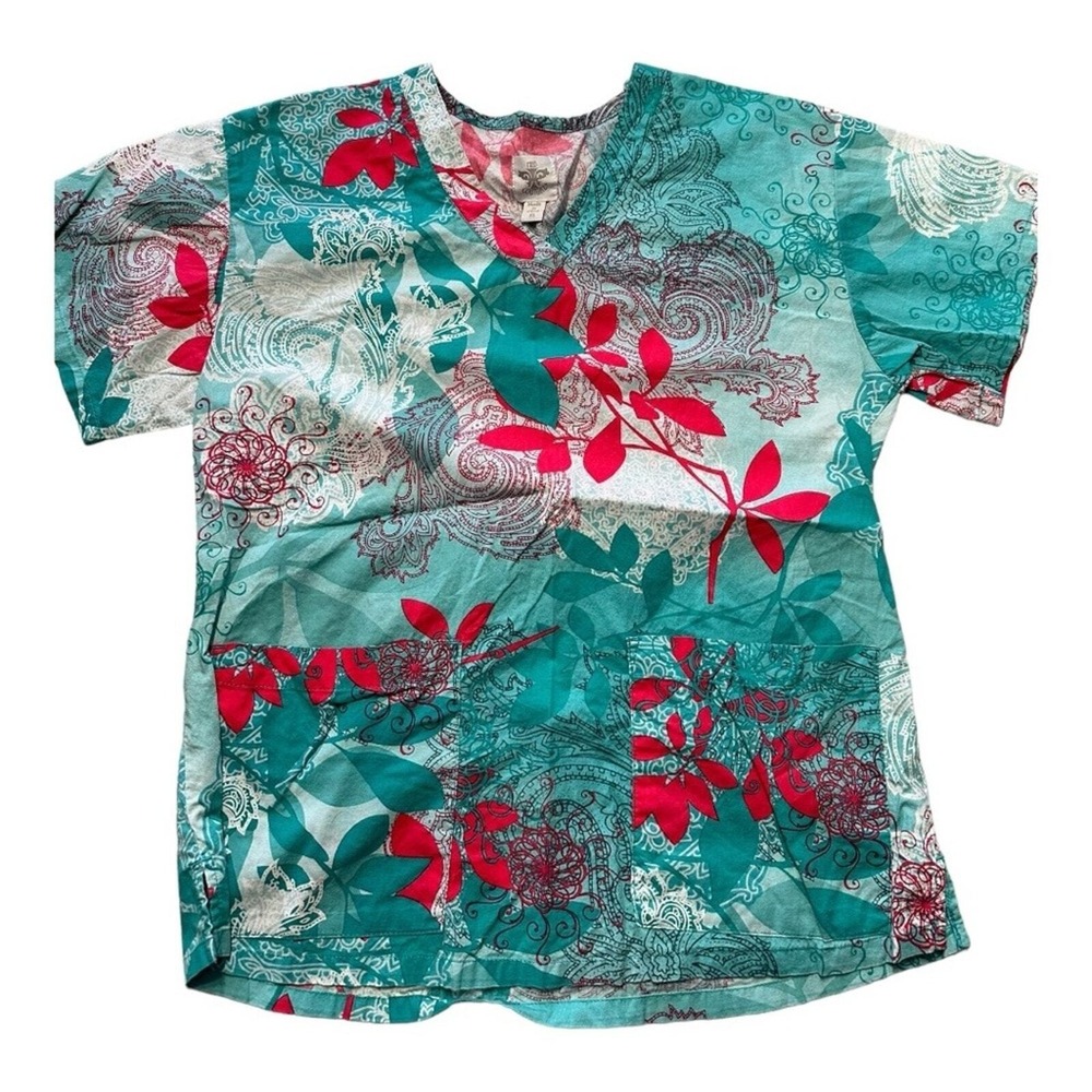 Med Couture Womens XS Teal Pink Paisley Floral V-Neck Short Sleeve Scrub EUC